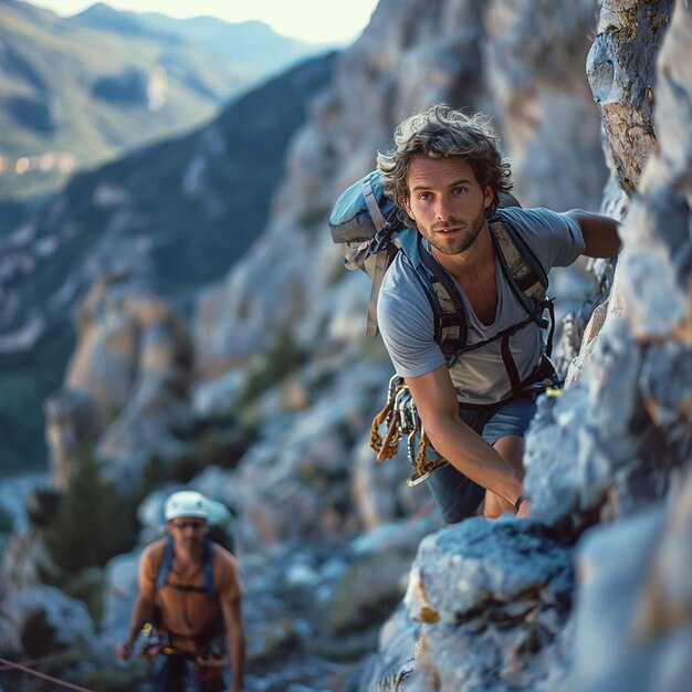 Foto zwei männer klettern eine steile felswand, von der eine einen rucksack hat