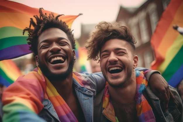 Zwei Männer lachen und lachen bei einer Parade