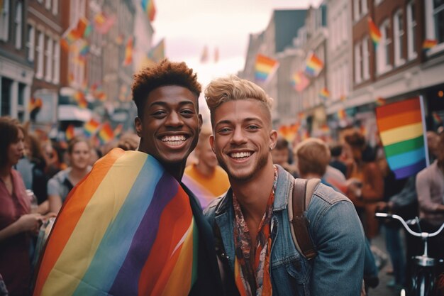 Zwei Männer lächeln für die Kamera, während sie eine Regenbogenflagge halten.