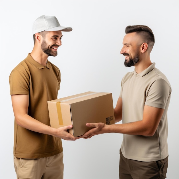 Zwei Männer lächeln, während sie eine Schachtel und einen Hut halten