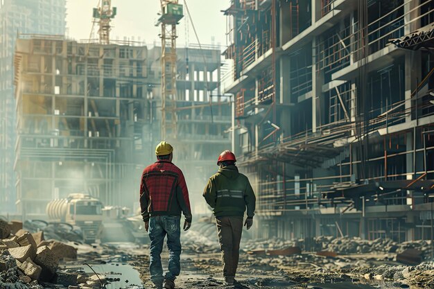 Zwei Männer mit Schutzhelmen auf einer Baustelle