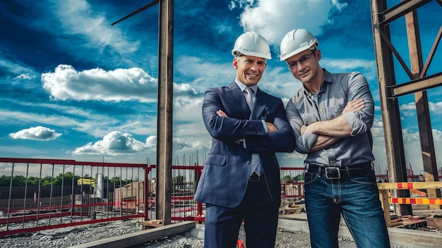 Zwei Männer mit Schutzhelmen, einer mit Schutzhelme, stehen neben einer Baustelle