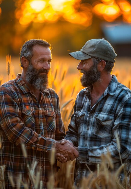 Foto zwei männer schütteln sich auf einem feld die hand, der eine trägt einen hut, der andere trägt ein kariertes hemd.