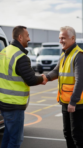 Foto zwei männer schütteln sich die hände auf einem parkplatz