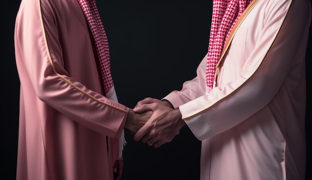 Zwei Männer schütteln sich die Hände, einer davon trägt ein rosa Gewand.