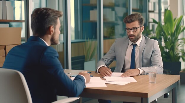 Zwei Männer sitzen an einem Schreibtisch, einer von ihnen trägt einen Anzug, der andere einen Anzug.