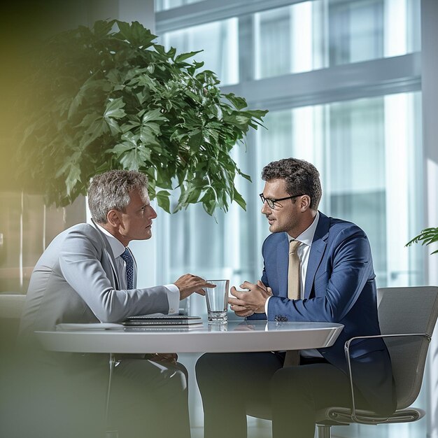 zwei Männer sitzen an einem Tisch, von denen einer eine grüne Pflanze im Hintergrund hat.