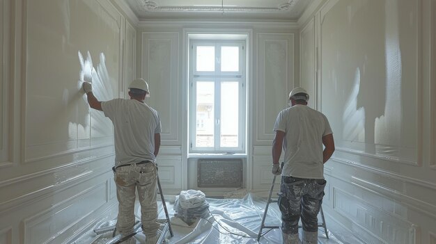 Foto zwei männer stehen in einem raum mit großen fenstern