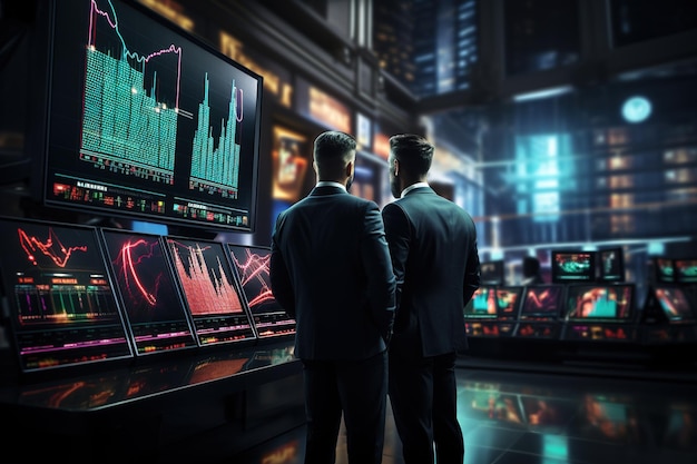 Zwei Männer stehen vor einem Computermonitor, auf dem finanzielle Daten angezeigt werden