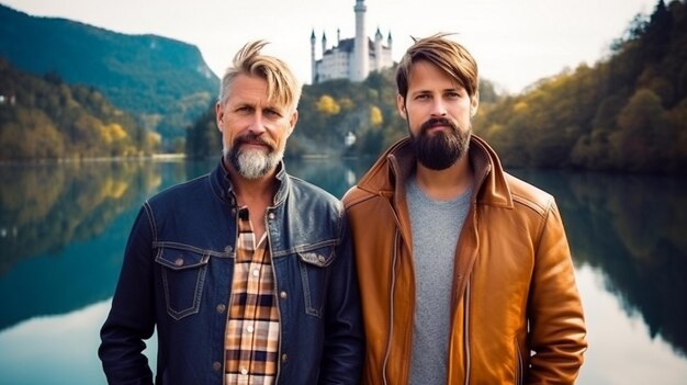 Foto zwei männer stehen vor einem schloss und der mann in einer lederjacke.