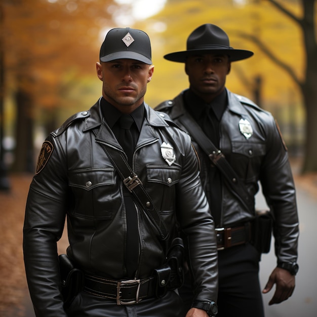 Zwei Männer tragen schwarze Uniformen und einer hat einen Hut auf.