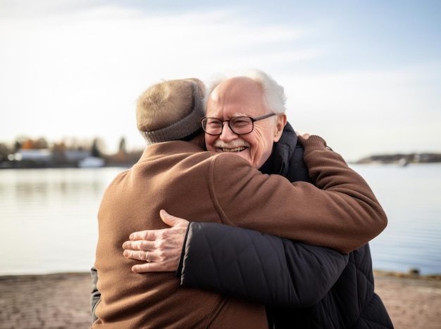 Foto zwei männer umarmen sich