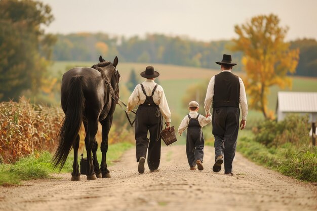 Zwei Männer und ein Junge gehen mit einem Pferd eine unbefestigte Straße entlang