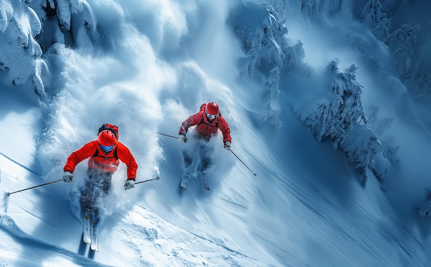 Zwei männliche Extrem-Skifahrer in roter Sportbekleidung fahren im Winter in der Natur einen gefährlichen Berg-Schnee-Hügel hinunter.