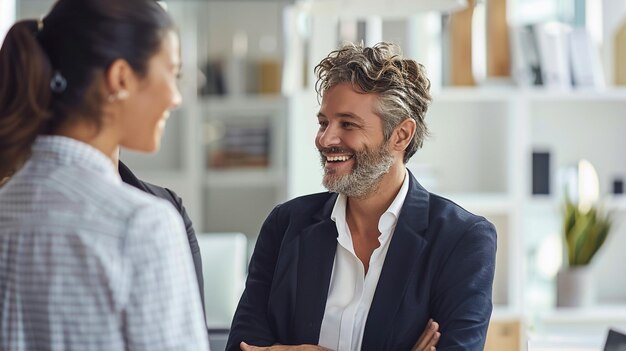 zwei Manager, die miteinander sprechen und lächeln, ein vielfältiges Team, sauberes weiß, weiches und helles Licht, schönes Büro