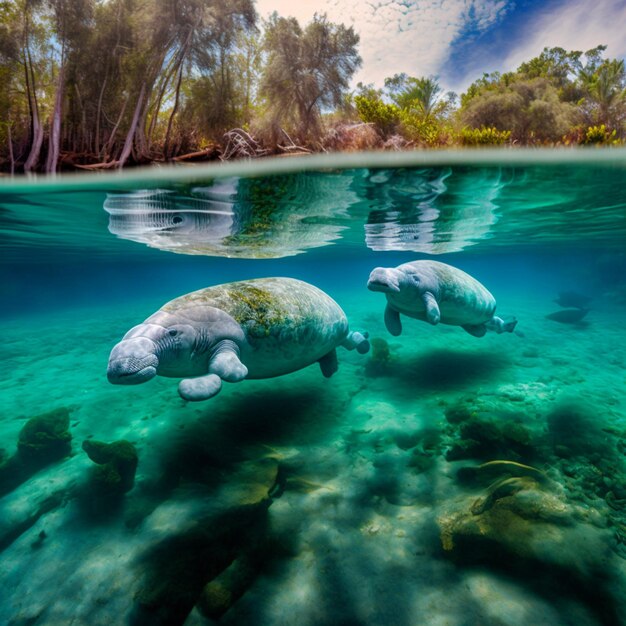 Foto zwei manass schwimmen im klaren wasser in der nähe eines waldes generative ai