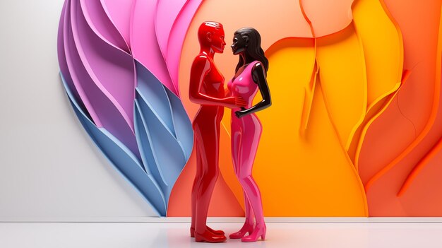 zwei Mannequins mit farbenfrohem Hintergrund und einer von ihnen hat einen rosa und blauen Regenschirm