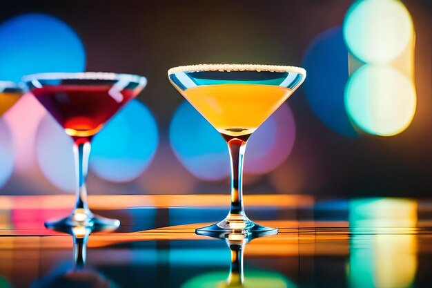 zwei Martini-Gläser in verschiedenen Farben orange, gelb und lila