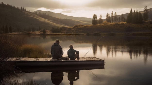 Zwei Menschen angeln auf einem Steg in den Bergen