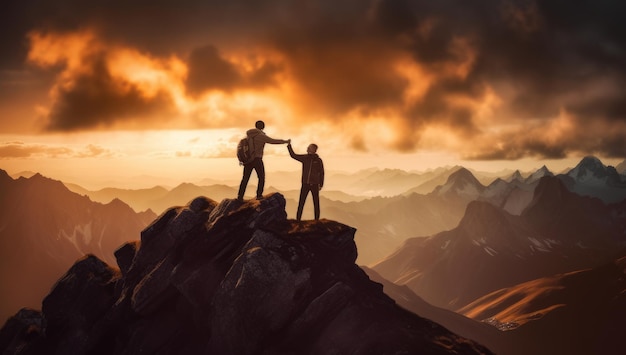 Zwei Menschen, die sich auf einer Bergspitze gegenseitig helfen