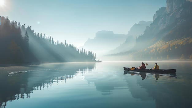 Zwei Menschen fahren Kanu auf einem von Bergen umgebenen See, das Wasser ist ruhig und ruhig, und der Himmel ist klar.
