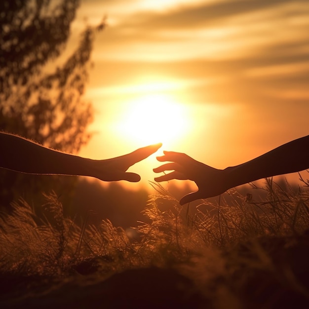 Zwei Menschen halten sich vor einem Sonnenuntergang an den Händen.