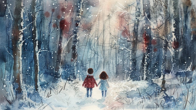 zwei Menschen in einem schneebedeckten Wald mit einem Mädchen und dem Jungen, die sich an den Händen halten