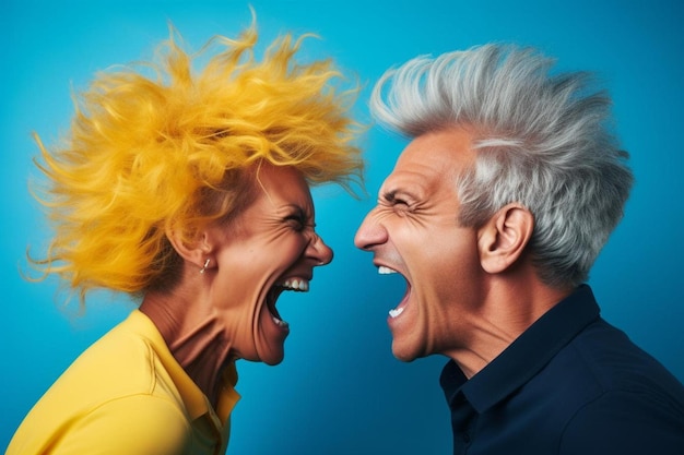 zwei Menschen lachen und einer hat gelbes Haar