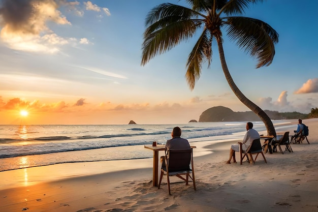 Zwei Menschen sitzen am Strand und beobachten den Sonnenuntergang