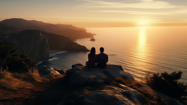 Zwei Menschen sitzen auf einer Klippe und schauen auf das Meer