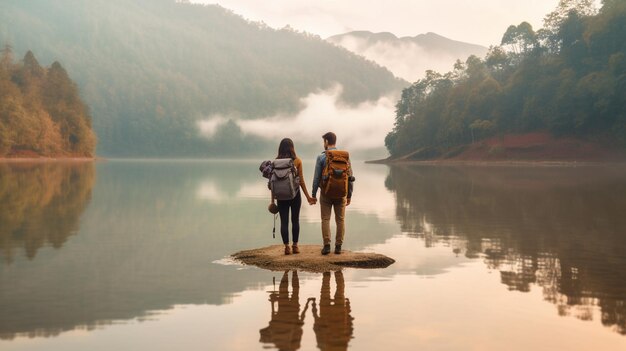 Zwei Menschen stehen auf einem Felsen vor einem See mit Bergen im Hintergrund