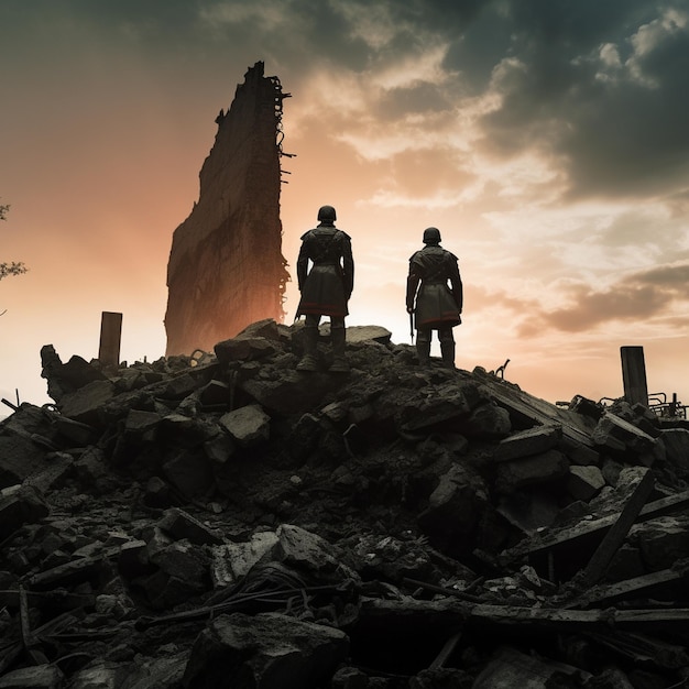 Zwei Menschen stehen auf einem Trümmerhaufen, im Hintergrund ist ein Sonnenuntergang zu sehen.