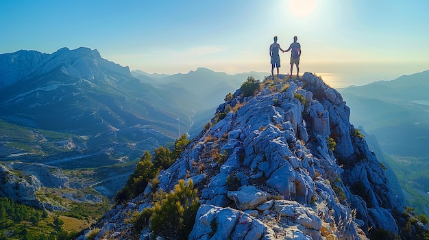 Foto zwei menschen stehen auf einer bergspitze mit der sonne hinter sich