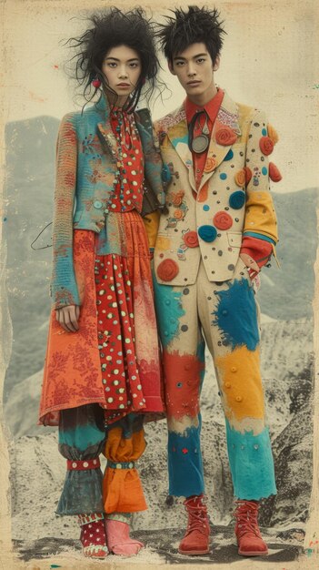 zwei Menschen stehen zusammen mit bunten Outfits im Stil surrealistischer Assemblages