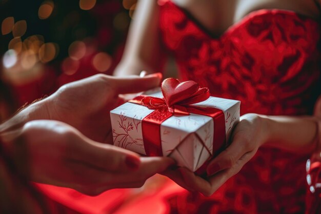 Zwei Menschen teilen einen herzlichen Moment, als eine Frau in einem roten Kleid eine wunderschön verpackte Geschenkkiste mit einem roten Band und einem dekorativen Herzen erhält.