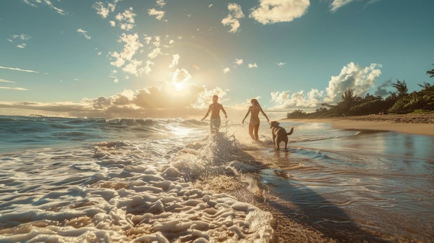 Zwei Menschen und ein Hund gehen am Strand spazieren