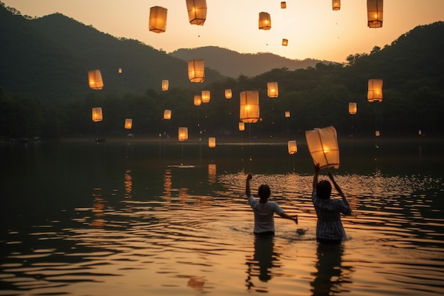 Zwei Menschen werfen bei Sonnenuntergang Papierlaternen ins Wasser