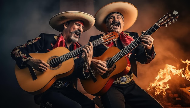 Zwei mexikanische Männer spielen während des Tages der Toten in Mexiko Gitarre