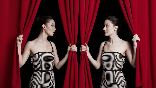 Foto zwei mime-künstler hinter dem roten vorhang, die sich gegenseitig ansehen