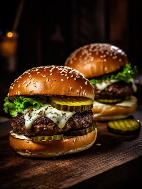 Zwei Mini-Burger im Restaurant Sesambrötchenfleisch Patty Tomatensalat und Gurke T Generative KI