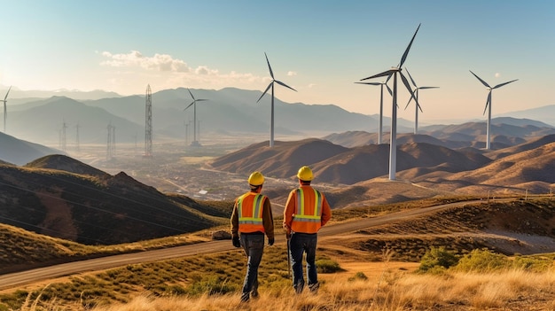 Zwei mit einer Baustelle mit Sonnenkollektoren, Windkraftanlagen und anderen grünen Energiequellen, einer Bergkulisse und generativer KI