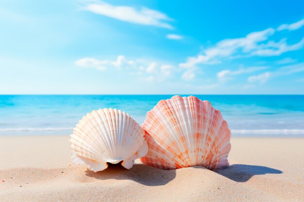 Zwei Muscheln auf einem Strand mit einem blauen Himmel im Hintergrund Helles Bild