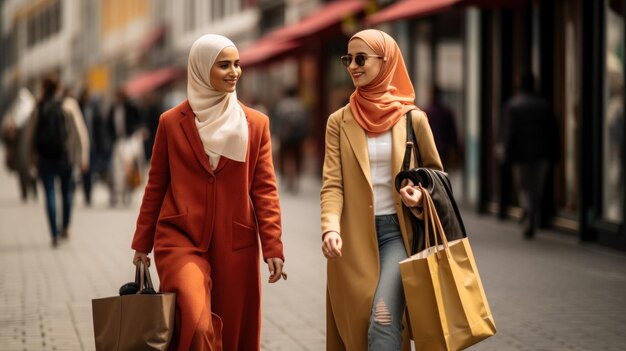 Foto zwei muslimische frauen mit einkaufstaschen überqueren die straße mit einkaufsaschen