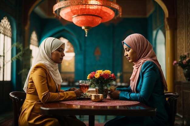 Zwei muslimische Frauen sitzen am Tisch