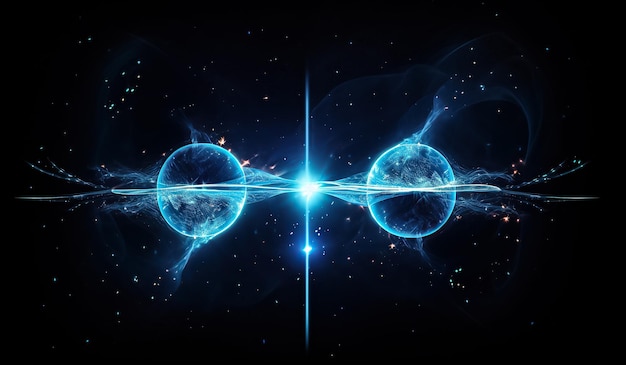 zwei Neutronensterne blau leuchtend verschmelzen dunkler Hintergrund