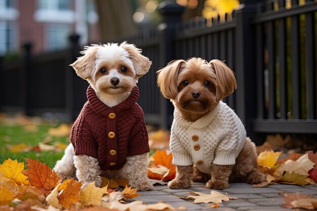 Zwei niedliche Hunde in Pullover im Herbstpark