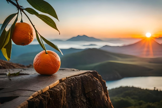 zwei Orangen auf einem Baumstamm mit einem Sonnenuntergang im Hintergrund.