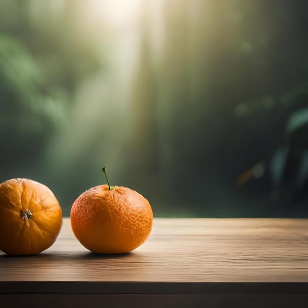 Foto zwei orangen auf einem tisch mit der sonne im hintergrund