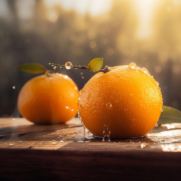 Zwei Orangen liegen auf einem Tisch mit Wassertröpfchen.