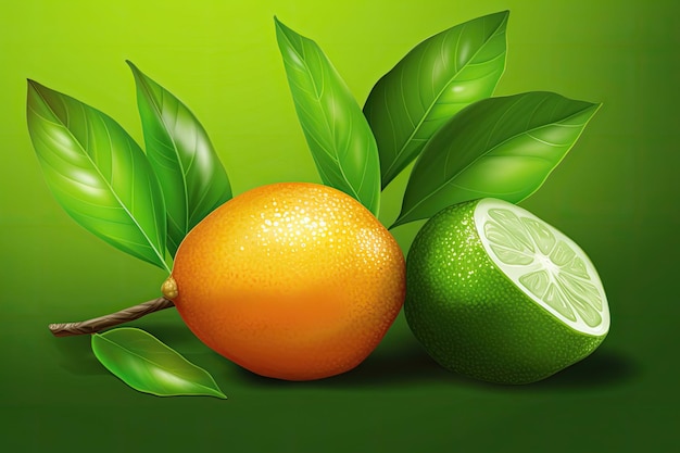 Zwei Orangen und eine Limette mit Blättern auf grünem Hintergrund Generative KI